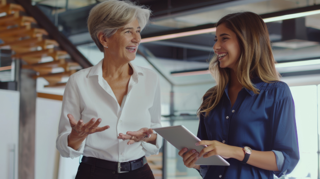 Two professional women are engaged in a collaborative discussion with one holding a tablet, sharing a moment of mentorship and teamwork in a well lit modern office space.